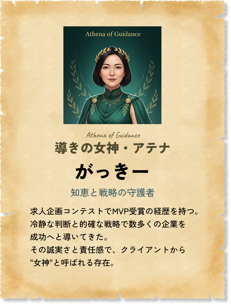 導きの女神・アテナ がっきー 知恵と戦略の守護者 求人企画コンテストでMVP受賞の経歴を持つ。冷静な判断と的確な戦略で数多くの企業を成功へと導いてきた。その誠実さと責任感で、クライアントから'女神'と呼ばれる存在。